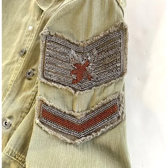 Free People Embellished Military Shirt Jacket Army Green Herringbone Jacket XS - Picture 3 of 8
